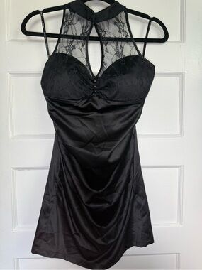 Marquis Black Lace Halter Satin Slip Dress Ruched Bodice & Keyhole Whimsigoth L